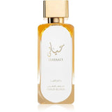 Флакон Lattafa Hayaati Gold Elixir EDP 100 мл с огледално отражение на бял фон.
