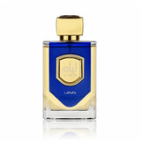 Флакон Lattafa Liam Blue Shine EDP 100 мл с огледално отражение на бял фон.