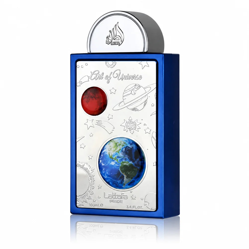Флакон Lattafa Pride Art of Universe EDP 100 мл с огледално отражение на бял фон.
