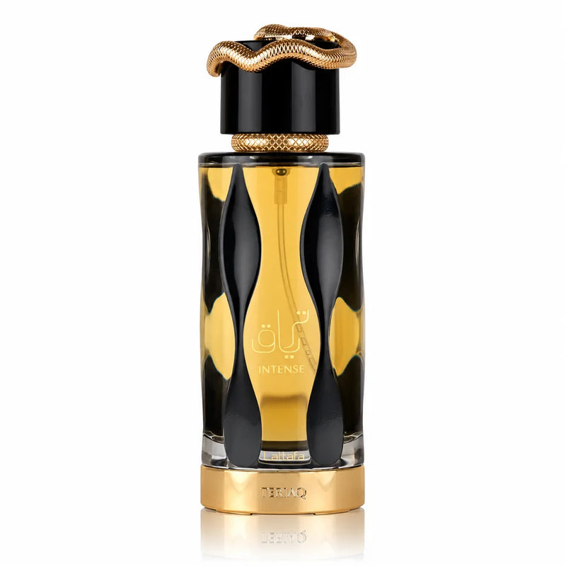 Флакон Lattafa Teriaq Intense EDP 100 мл с огледално отражение на бял фон.