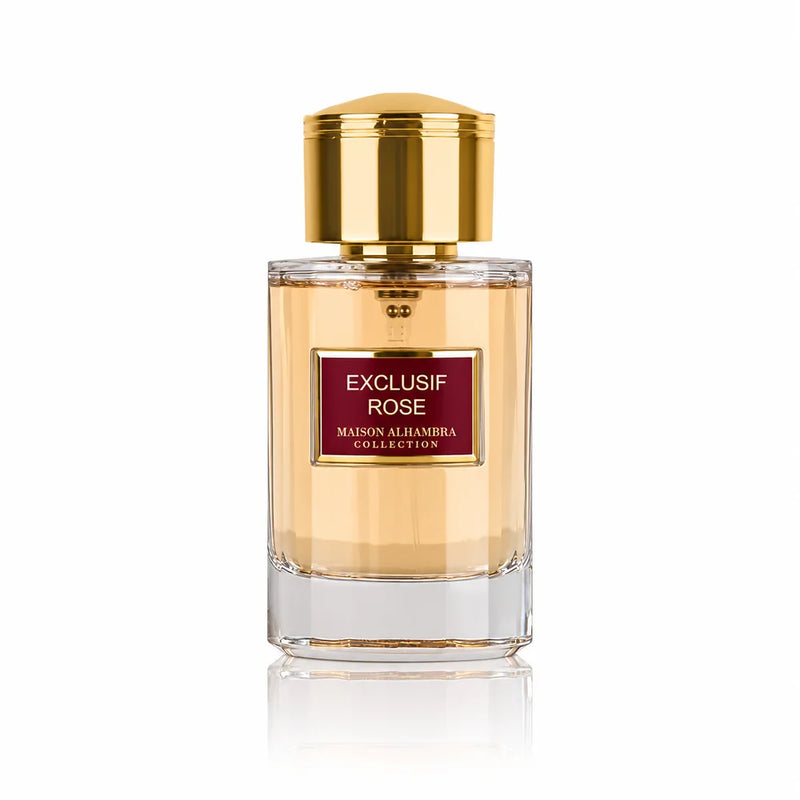 Флакон Maison Alhambra Exclusif Rose EDP 100 мл с огледално отражение на бял фон.