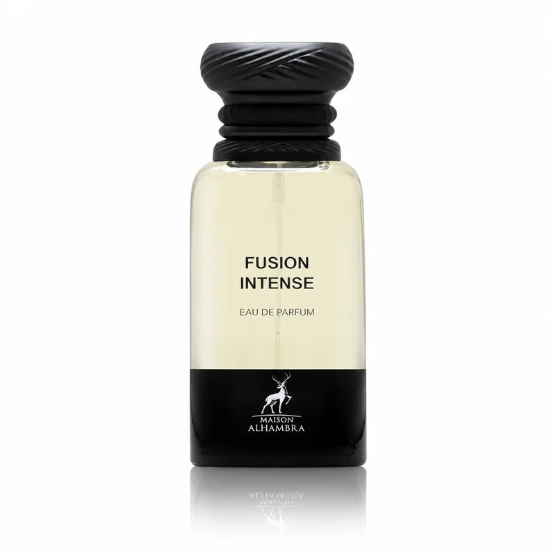 Флакон Maison Alhambra Fusion Intense EDP 80 мл с огледално отражение на бял фон.