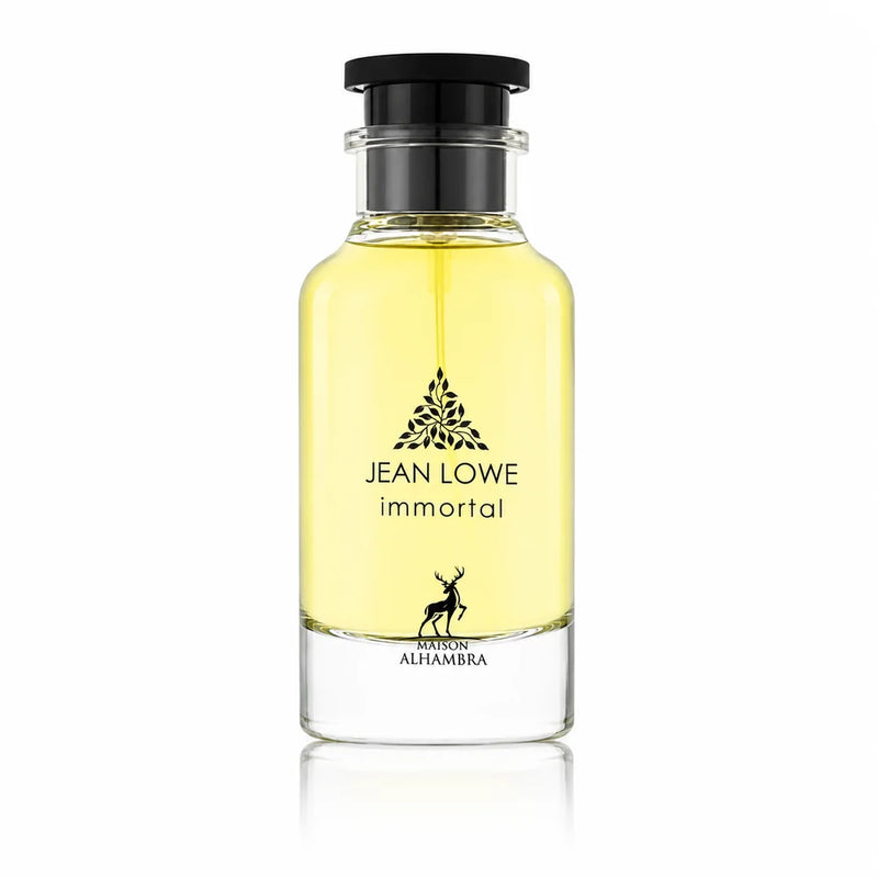 Флакон Maison Alhambra Jean Lowe Immortal EDP 100ml с огледално отражение на бял фон.