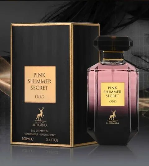 Maison Alhambra Pink Shimmer Secret Oud EDP 100 мл — флакон с кутия на тъмен фон