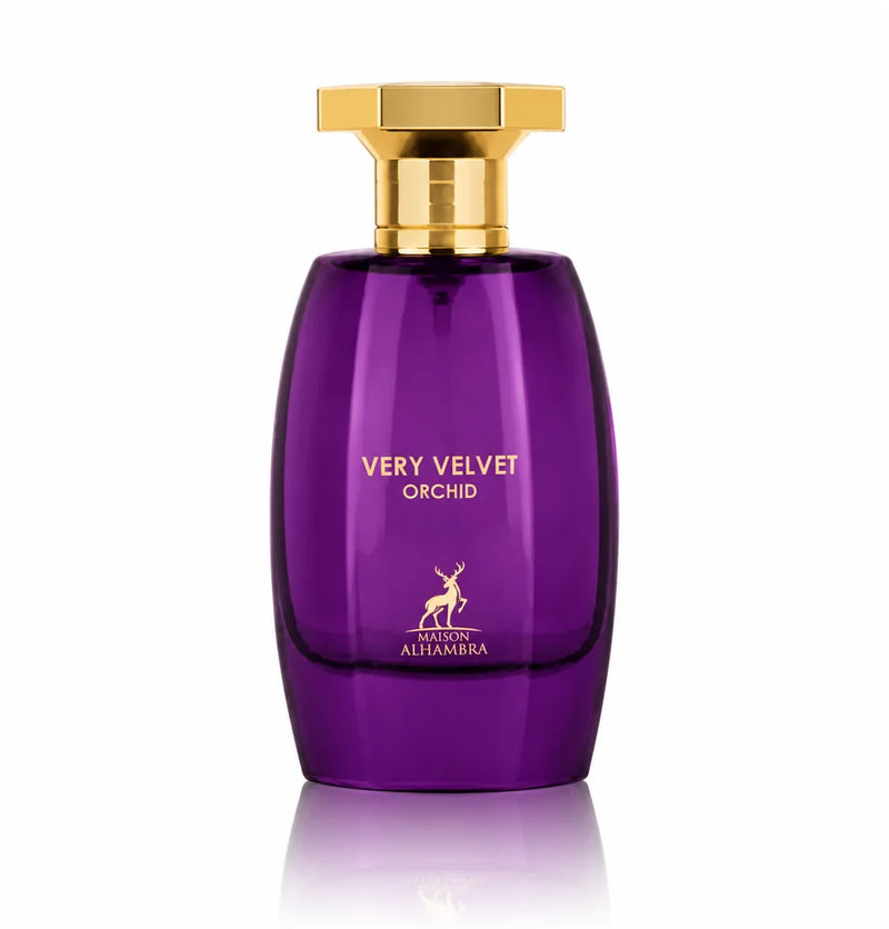 Флакон Maison Alhambra Very Velvet Orchid EDP 100 мл с огледално отражение на бял фон.