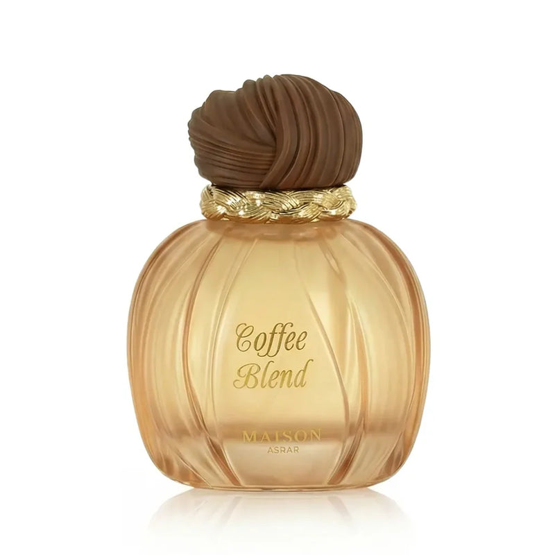Флакон Maison Asrar Coffee Blend EDP 100 мл с огледално отражение на бял фон.