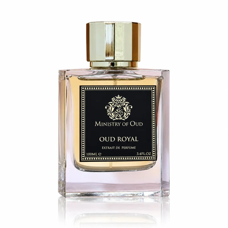 Флакон Ministry of Oud - Oud Royal EDP 100 мл с огледално отражение на бял фон.