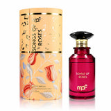 Флаконът и кутията на My Perfumes Songs of Roses EDP 100 мл, показани заедно с леко отражение.