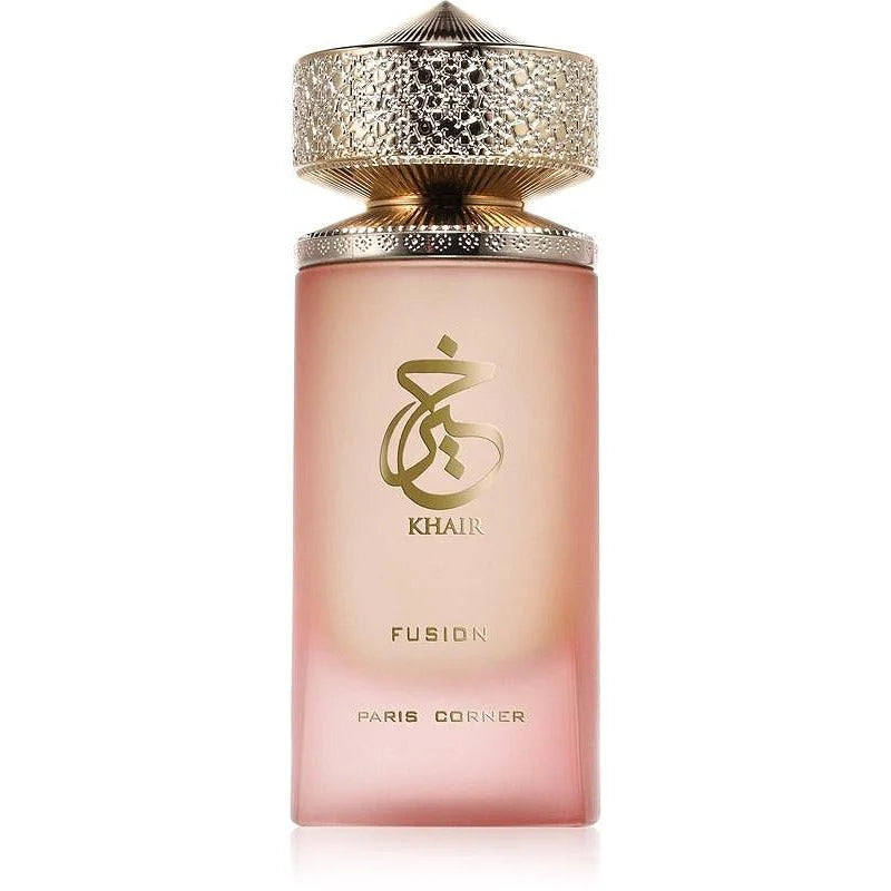 Флакон Paris Corner Khair Fusion EDP 100 мл с огледално отражение на бял фон.