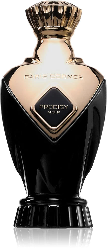 Флакон Paris Corner Prodigy Noir с огледално отражение на бял фон.