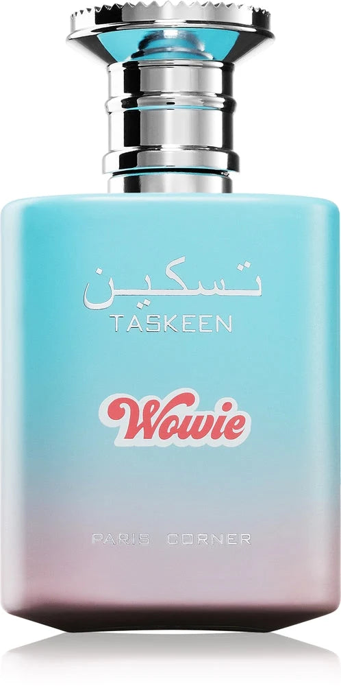 Флакон Paris Corner Taskeen Wowie EDP 100 мл с огледално отражение на бял фон.