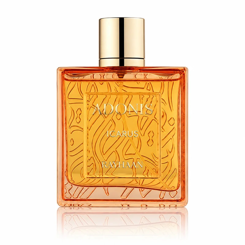 Флакон Rayhaan Adonis Icarus EDP 100 мл с огледално отражение на бял фон.