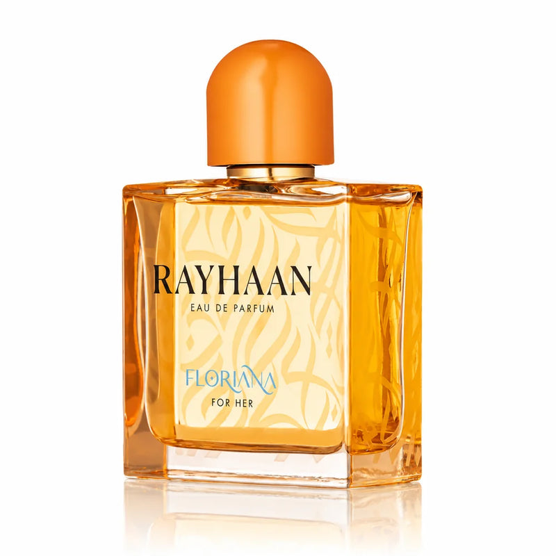 Флакон Rayhaan Floriana EDP 100 мл с огледално отражение на бял фон.