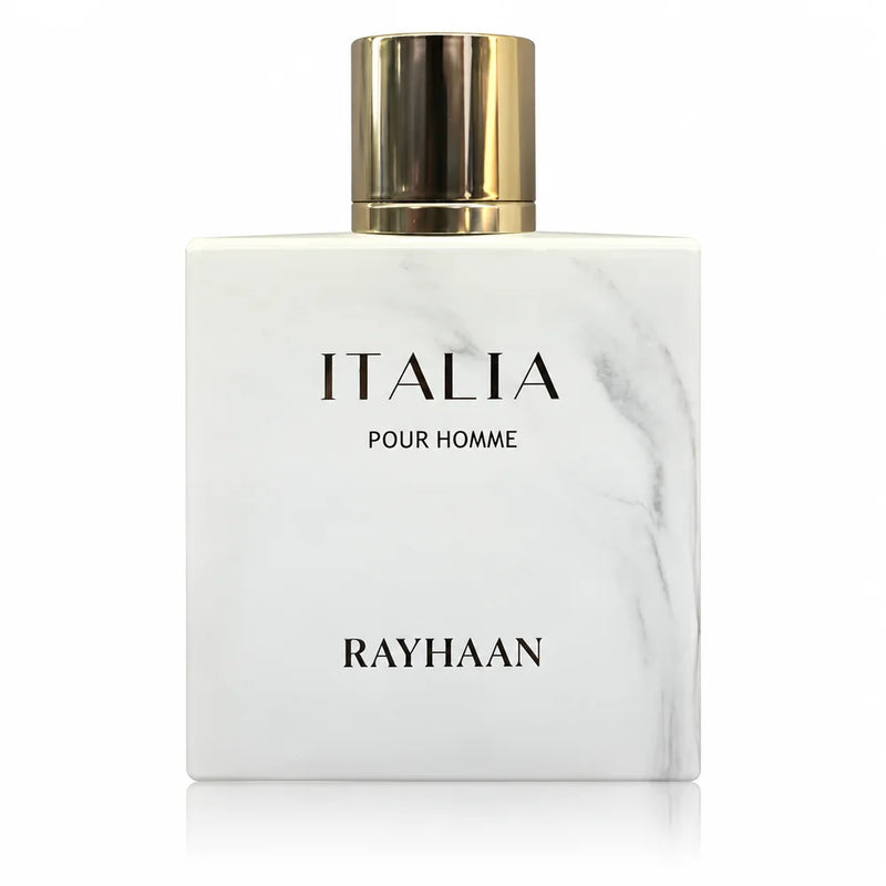 Флакон Rayhaan Italia EDP 100 мл с огледално отражение на бял фон.