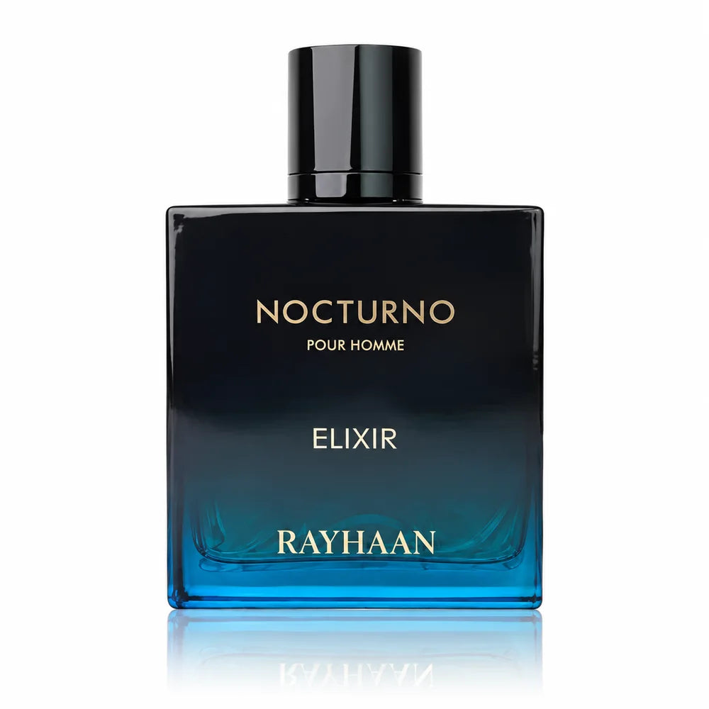 Флакон Rayhaan Nocturno Elixir EDP 100 мл с огледално отражение на бял фон.