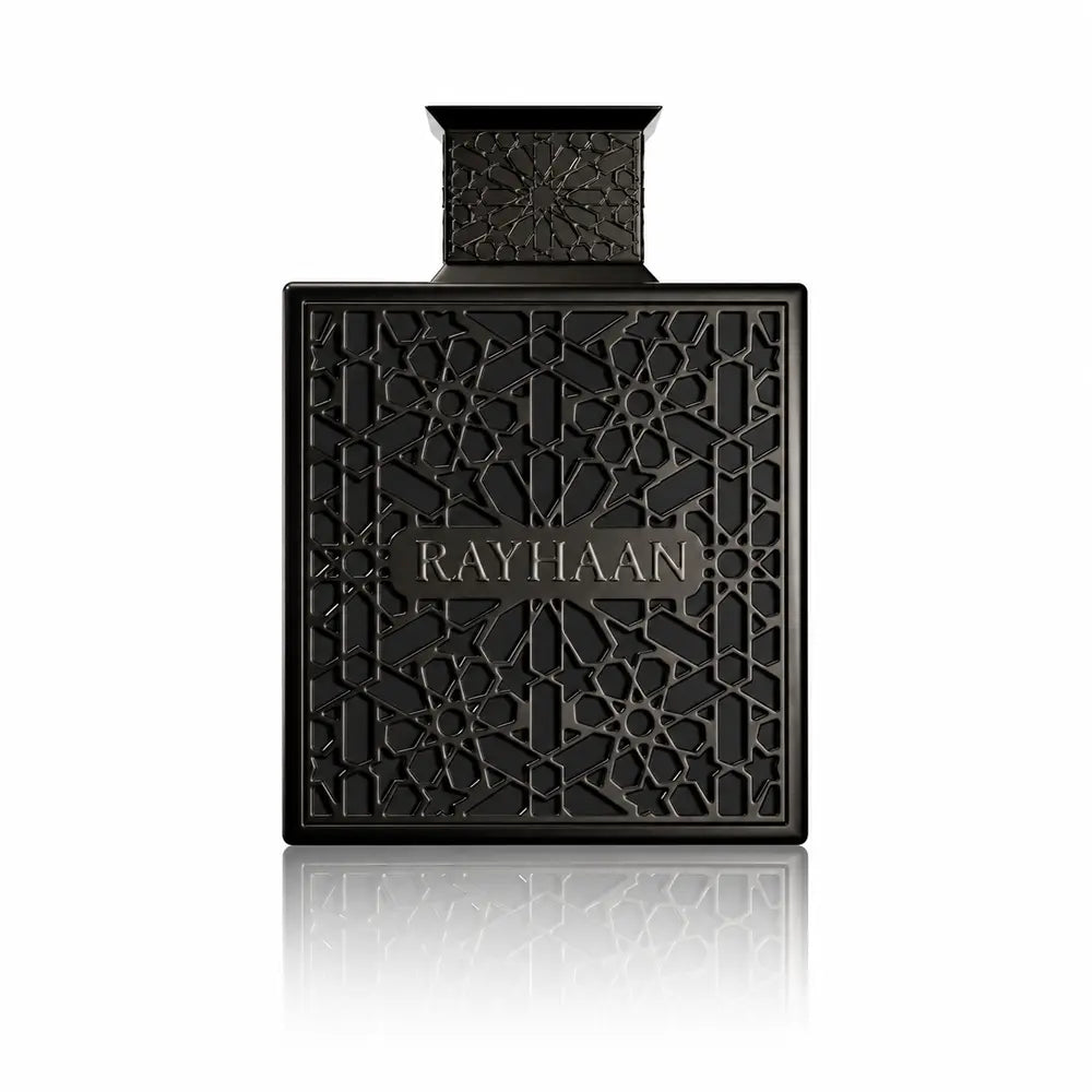 Черен флакон Rayhaan Obsidian EDP 100 мл с тъмна релефна решетка и правоъгълна капачка, с огледално отражение.