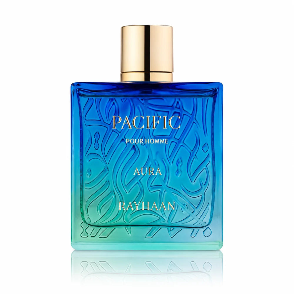 Флакон Rayhaan Pacific Aura EDP 100 мл с огледално отражение на бял фон.