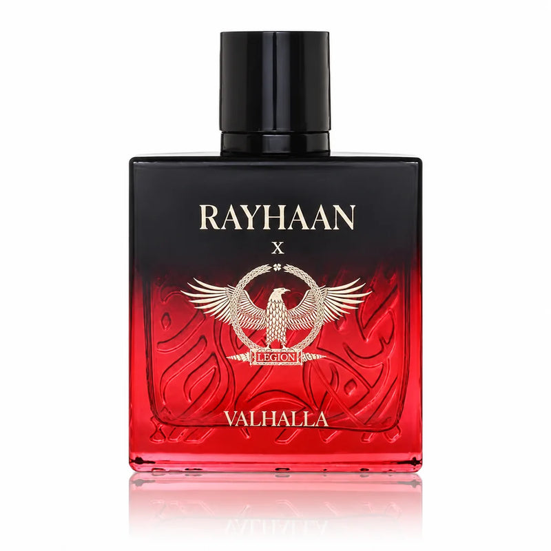 Флакон Rayhaan Valhalla EDP 100ml с огледално отражение на бял фон.