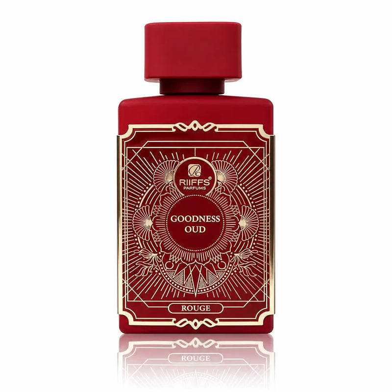 Флакон Riiffs Goodness Oud Rouge EDP 100 мл с огледално отражение на бял фон.