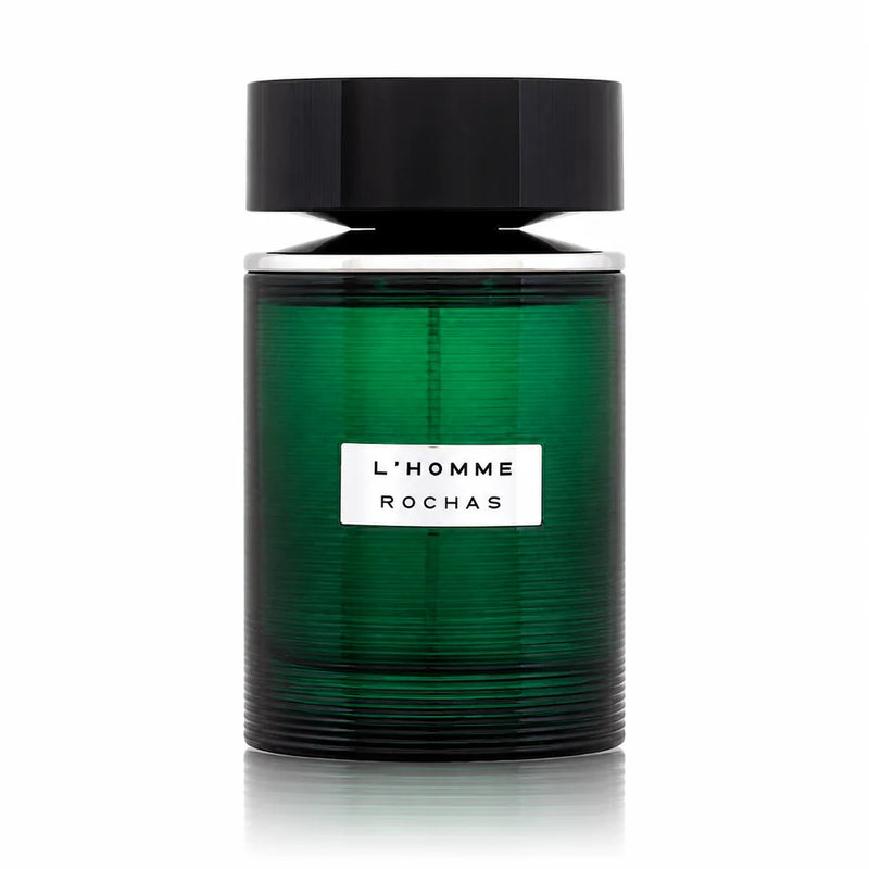 Флакон Rochas L'Homme Aromatic Touch с огледално отражение на бял фон.